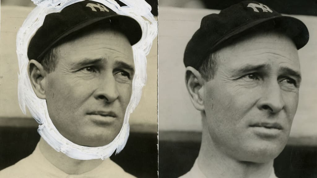 A photo of Frank Chance, who ended his career with the Yankees in 1913-14, is shown before and after restoration. (Charles M. Conlon)