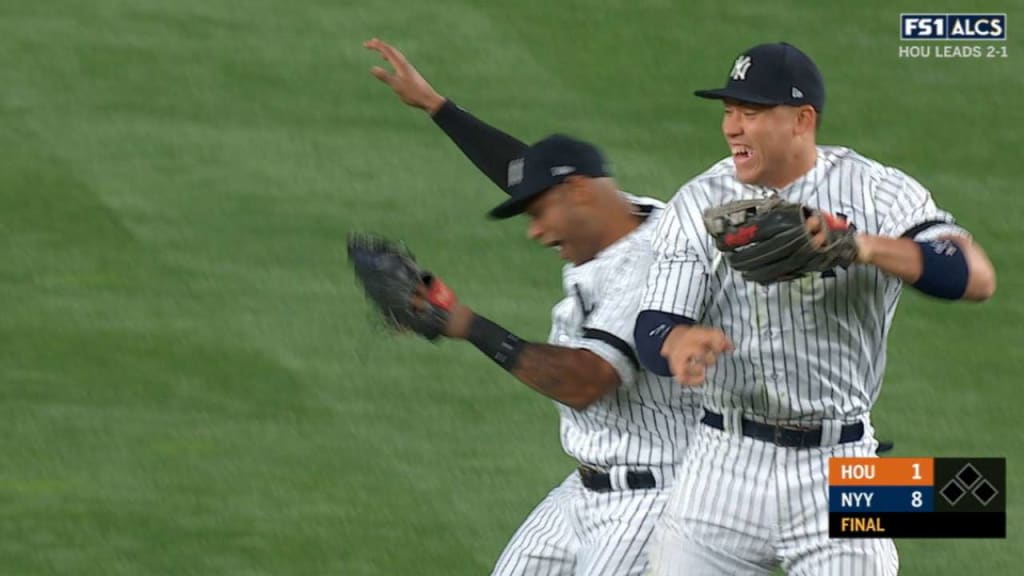 Houston Astros Jose Altuve and New York Yankees Aaron Judge stand in the  infield in the 3rd inning in game 3 of the 2017 MLB Playoffs American  League Championship Series at Yankee