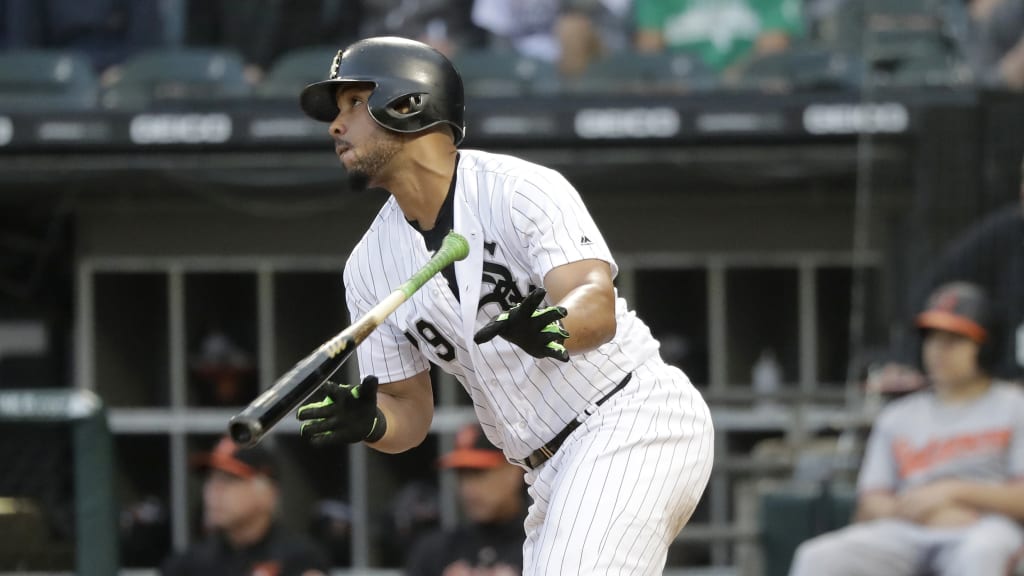 Chicago White Sox's Jose Abreu watches his double off a pitch from Baltimore Orioles starting pitcher Andrew Cashner during the first inning of a baseball game Monday, May 21, 2018, in Chicago. (AP Photo/Charles Rex Arbogast)