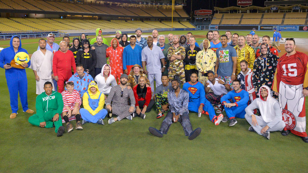 The Cubs donned pajamas after Jake Arrieta's Aug. 30, 2015, no-hitter at Dodger Stadium. (Cubs)