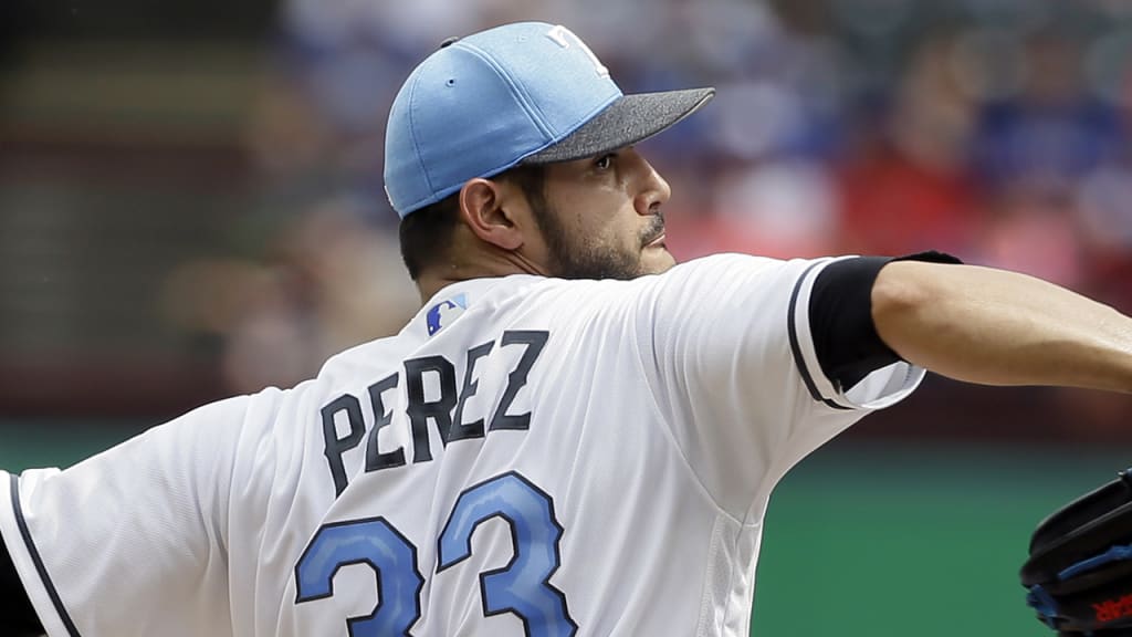 Rangers' pitcher Martin Perez wore a special light-blue cap during his start Saturday, as teams raised awareness and funds to fight prostate cancer. (AP)