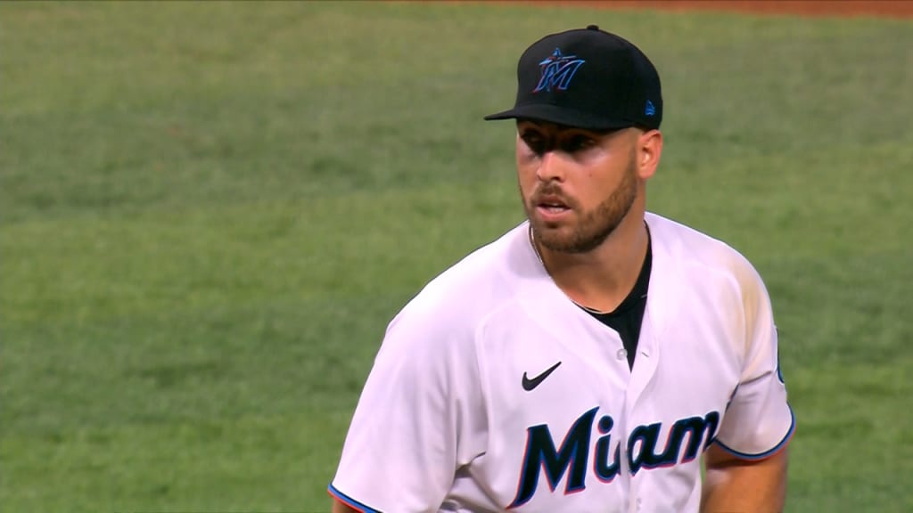 Miami, USA. 01st Apr, 2021. Miami Marlins fan Mark Little wears a