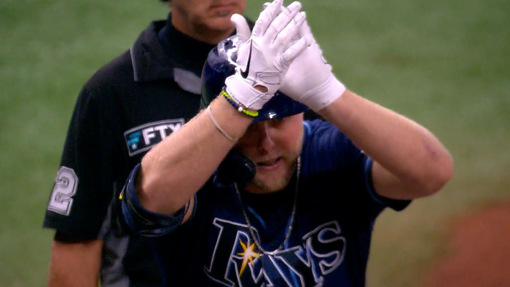 Tampa Bay Rays' Brett Phillips is greeted in the dugout after hutting a  three-run home run off Baltimore Orioles starting pitcher Matt Harvey  during the second inning of a baseball game, Tuesday