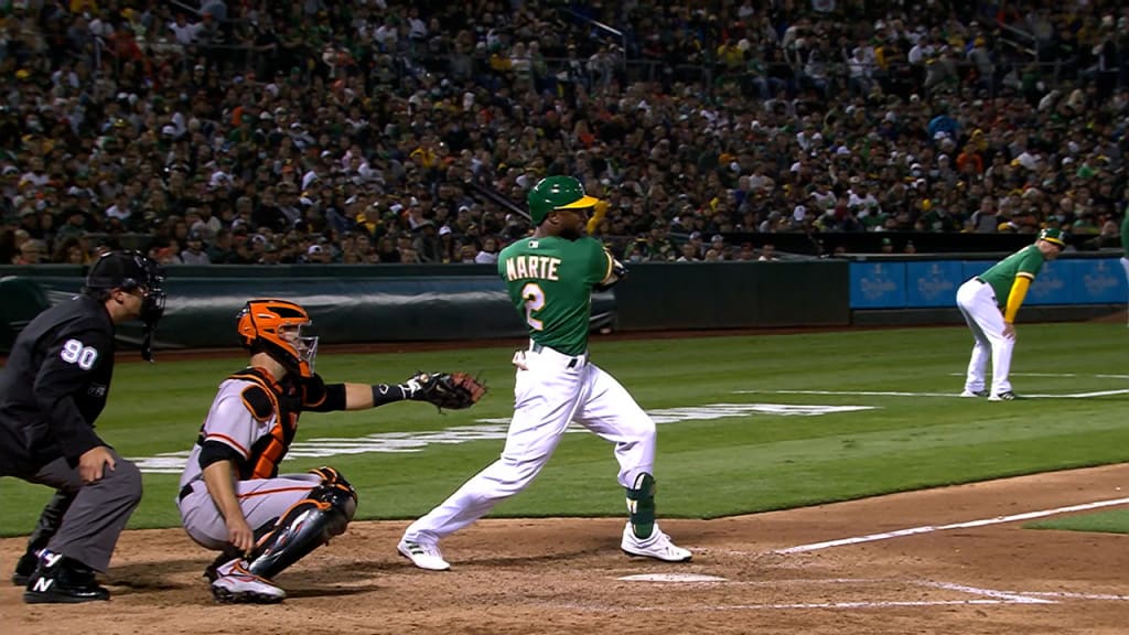 The Oakland Athletics' Starling Marte takes a lead off second base