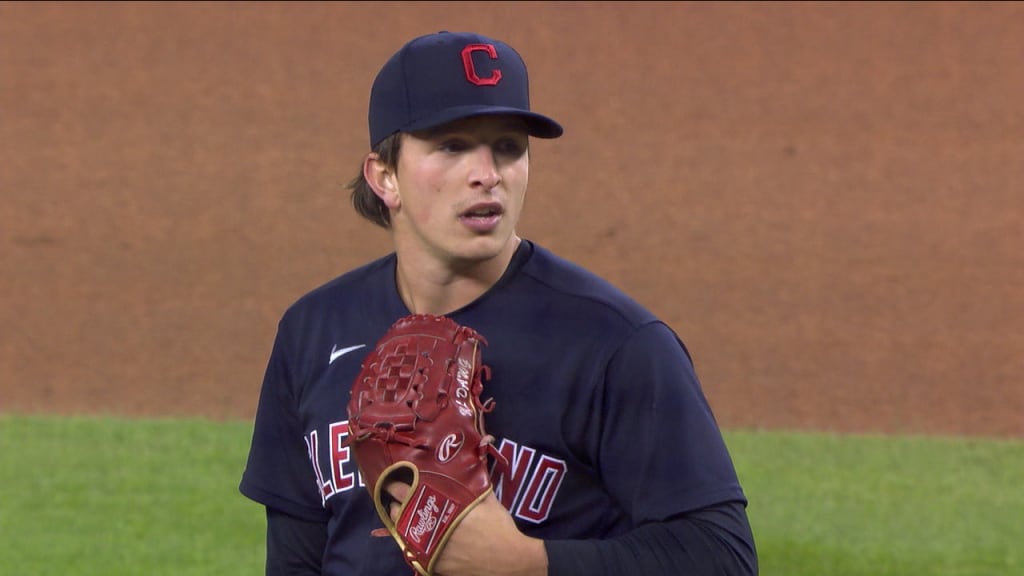 Cleveland Indians relief pitcher James Karinchak warms up in