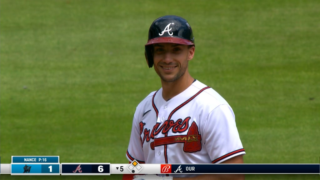 ATLANTA, GA - APRIL 22: Marcell Ozuna #20 of the Atlanta Braves looks on  during the MLB game between the Miami Marlins and the Atlanta Braves on  April 22, 2022 at Truist