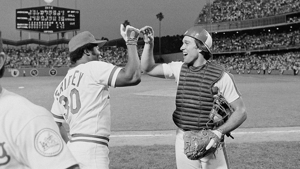 All-Stars Ken Griffey and Gary Carter celebrate after the National League defeated the American League on July 9, 1980. (AP)