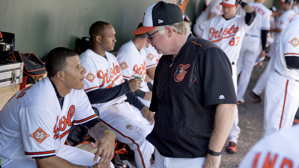 Baltimore Orioles manager Buck Showalter, right, talks with Manny Machado in the dugout during an exhibition spring training baseball game against the Pittsburgh Pirates in Sarasota, Fla., Sunday, Feb. 26, 2017. (AP Photo/David Goldman)