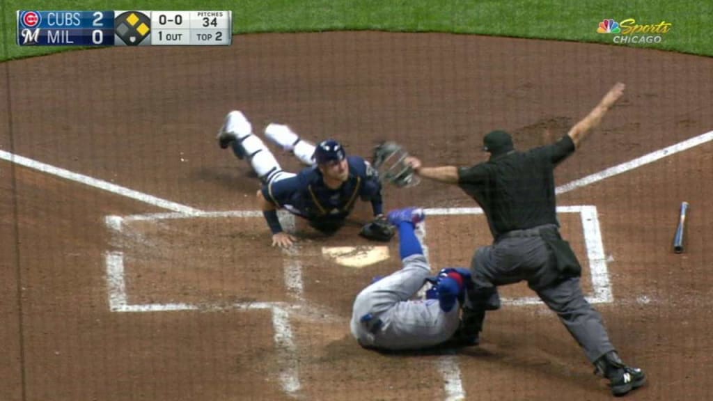 Milwaukee, WI, USA. 6th Apr, 2018. Chicago Cubs second baseman Javier Baez  #9 is congratulated after scoring on a triple and a throwing error in the  5th inning of the Major League