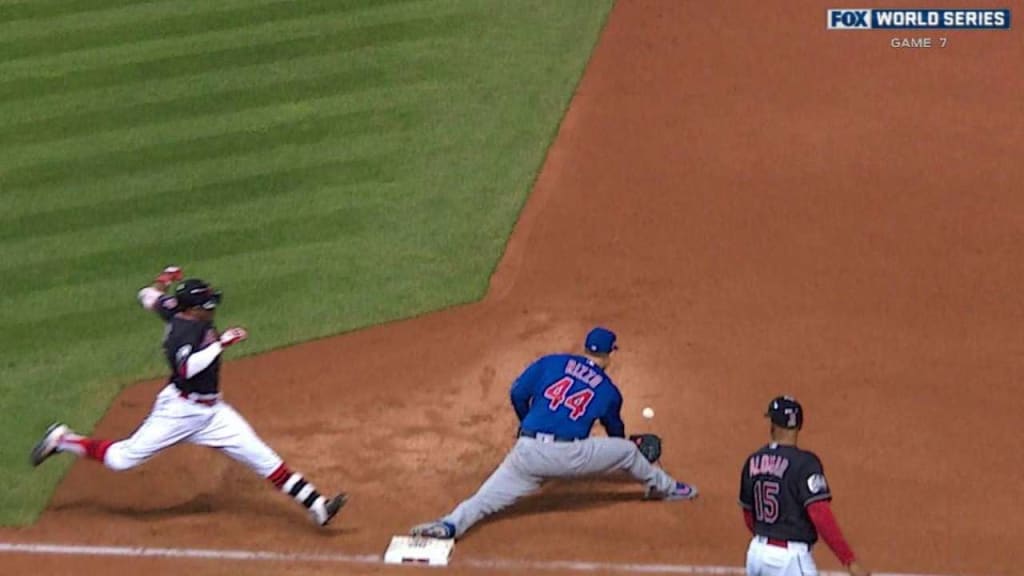 Chicago Cubs relief pitcher AROLDIS CHAPMAN pitches to Indians pinch hitter  Brandon Guyer bottom of the 9th