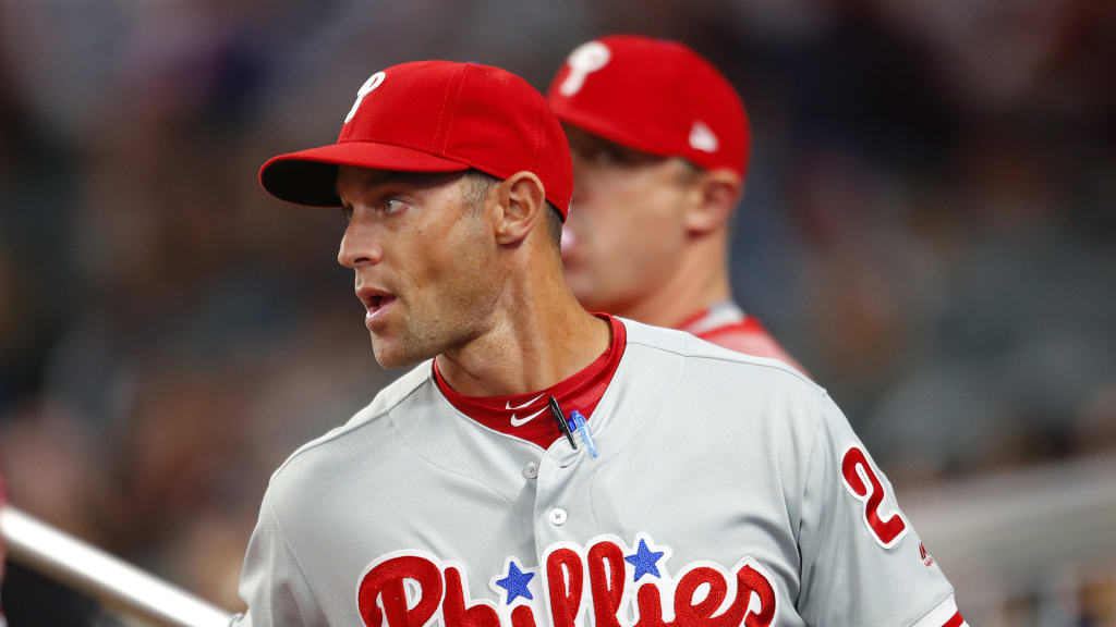 Philadelphia Phillies manager Gabe Kapler returns to the dugout after a pitching change in the third inning of a baseball game against the Atlanta Braves, Saturday, March 31, 2018, in Atlanta. The Atlanta Braves won the game 15-2. (AP Photo/Todd Kirkland)
