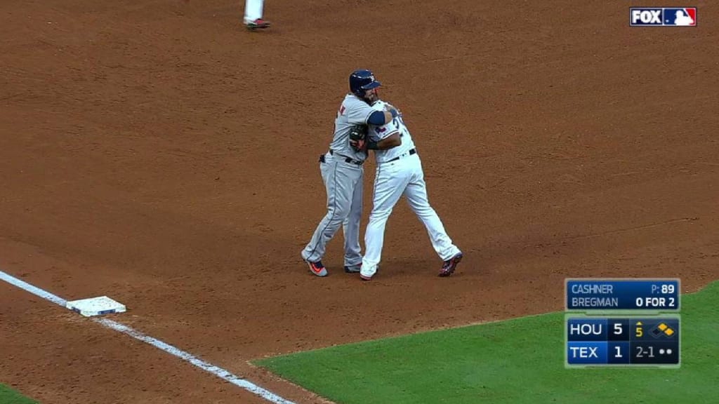 Beltre, Beltran embrace at third