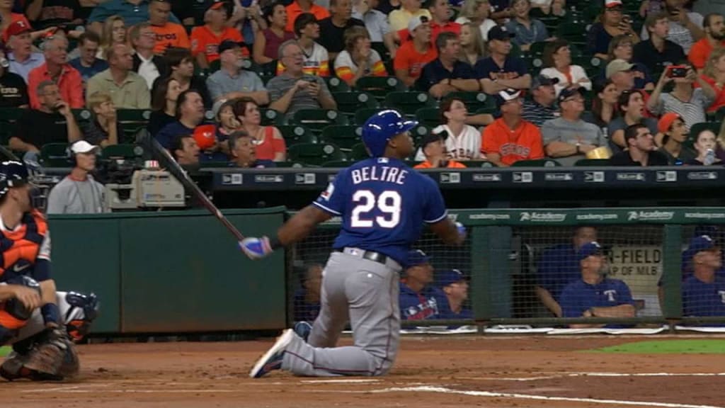 Adrian Beltre hits a long home run on one knee 