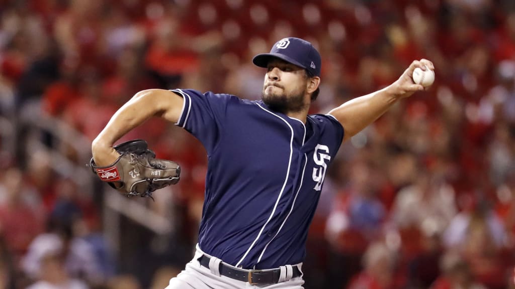 San Diego Padres relief pitcher Brad Hand throws during the ninth inning of a baseball game against the St. Louis Cardinals Tuesday, June 12, 2018, in St. Louis. (AP Photo/Jeff Roberson)