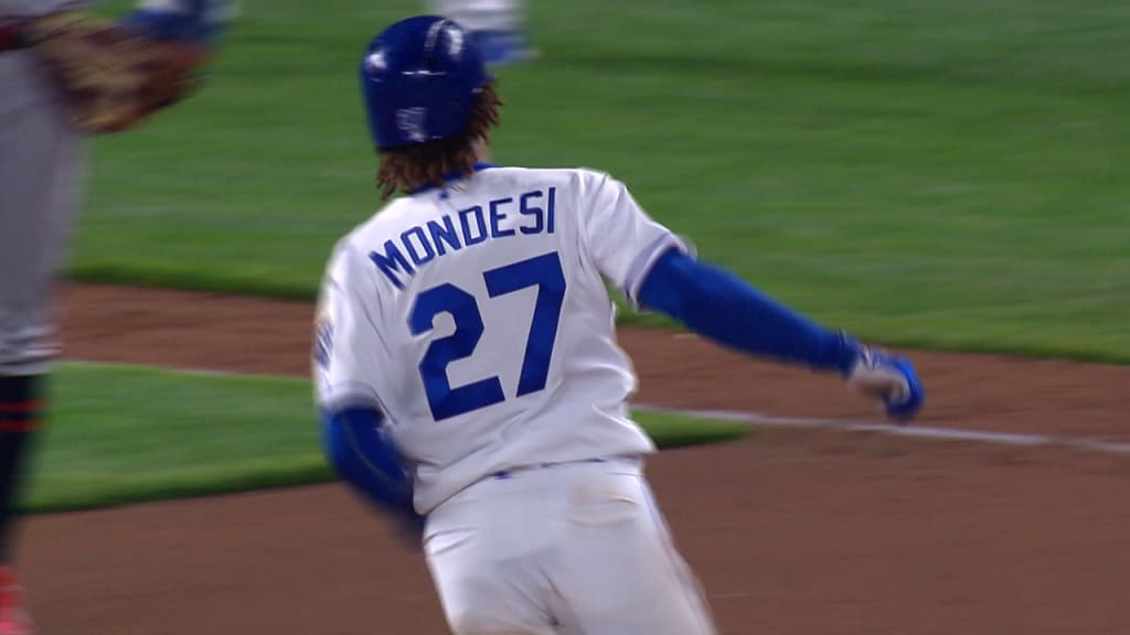 Kansas City Royals second baseman Nicky Lopez (1) fields a ground ball in  front of shortstop Adalberto Mondesi (27) during the third inning of a  baseball game against the Minnesota Twins at