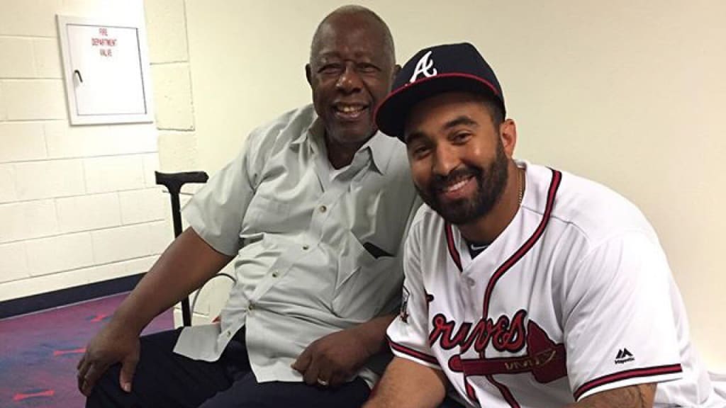 Braves legend Hank Aaron and newly acquired slugger Matt Kemp met for the first time on Wednesday. (Braves Twitter)