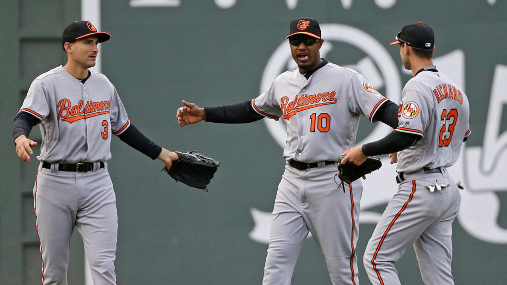 Adam Jones (center) celebrates after the Orioles defeated the Red Sox on Monday. (AP)