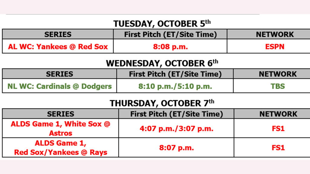 MLB Communications on X: The broadcast schedule for Postseason games  through Sunday was announced today by @MLB. @FS1 and @MLBNetwork will have  exclusive live coverage of the ALDS presented by @GoodSam, while @