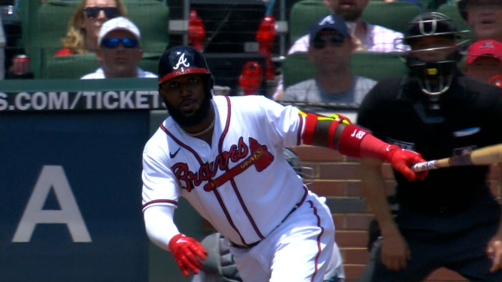 April 28, 2022: Atlanta Braves outfielder Marcell Ozuna looks towards the  outfield while at bat during the sixth inning of a MLB game against the  Chicago Cubs at Truist Park in Atlanta