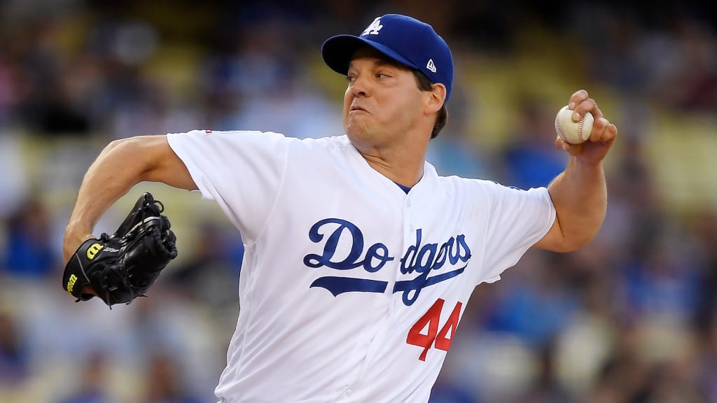 Los Angeles Dodgers starting pitcher Rich Hill throws to the plate during the first inning of a baseball game against the Arizona Diamondbacks, Saturday, April 14, 2018, in Los Angeles. (AP Photo/Mark J. Terrill)