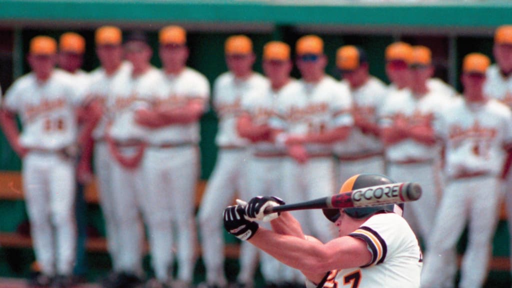 The Easton C-Core bat, such as the one used by National College Baseball Hall of Famer Darren Dreifort, is considered one of the first composite bats. Eastons Jim Darby said the bat featured a layer of composite material under the aluminum barrel, which allowed for use of thinner aluminum while maintaining the integrity of the bat barrel. (Photo courtesy of Wichita State Athletics.)