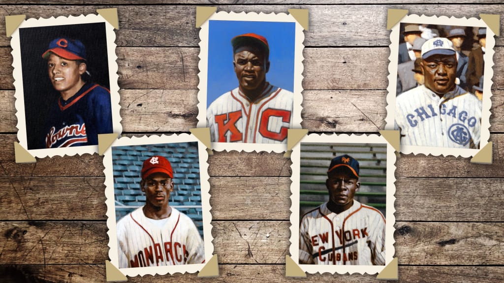Graig Kreindler portraits of Connie Morgan, Ernie Banks, Jackie Robinson, Minnie Minoso and Rube Foster.