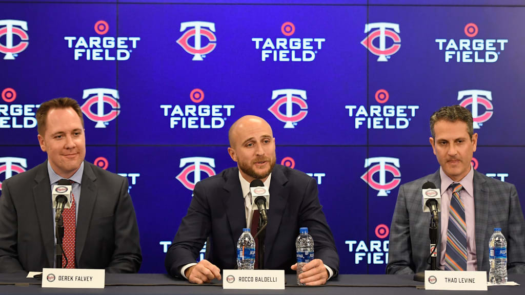 MINNEAPOLIS, MN - OCTOBER 25: (L-R) Chief Baseball Officer Derek Falvey, Manager Rocco Baldelli and General Manager Thad Levine of the Minnesota Twins speak as Baldelli is introduced at a press conference at Target Field on October 25, 2018 in Minneapolis, Minnesota. (Photo by Hannah Foslien/Getty Images)