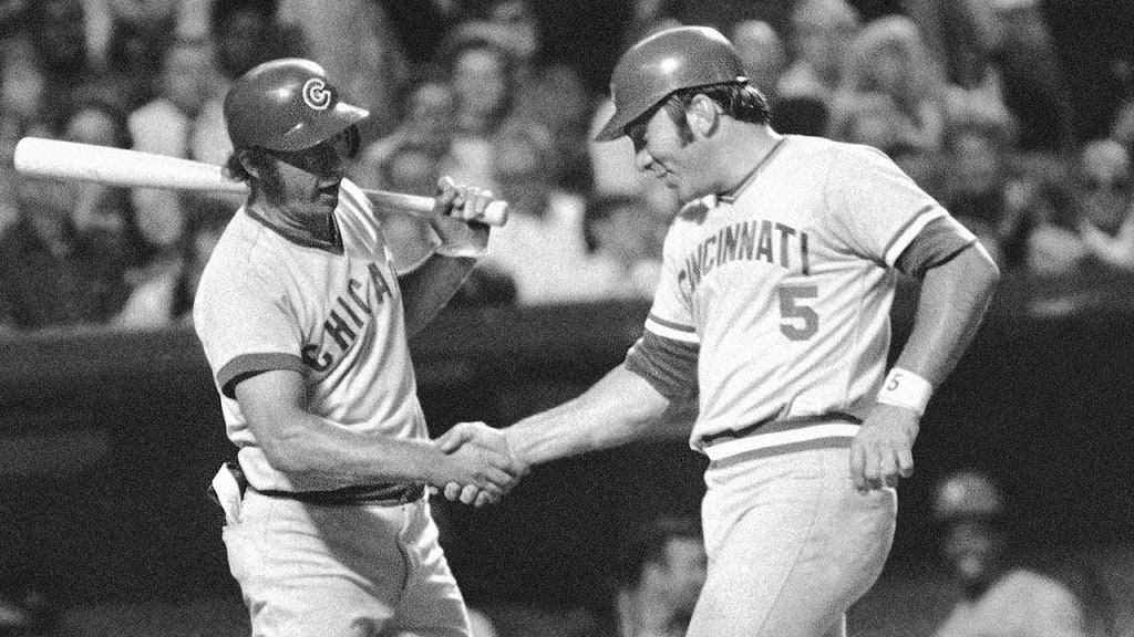 Johnny Bench (right) is greeted by Ron Santo after going deep in the fourth inning of the 1973 All-Star Game. (AP)