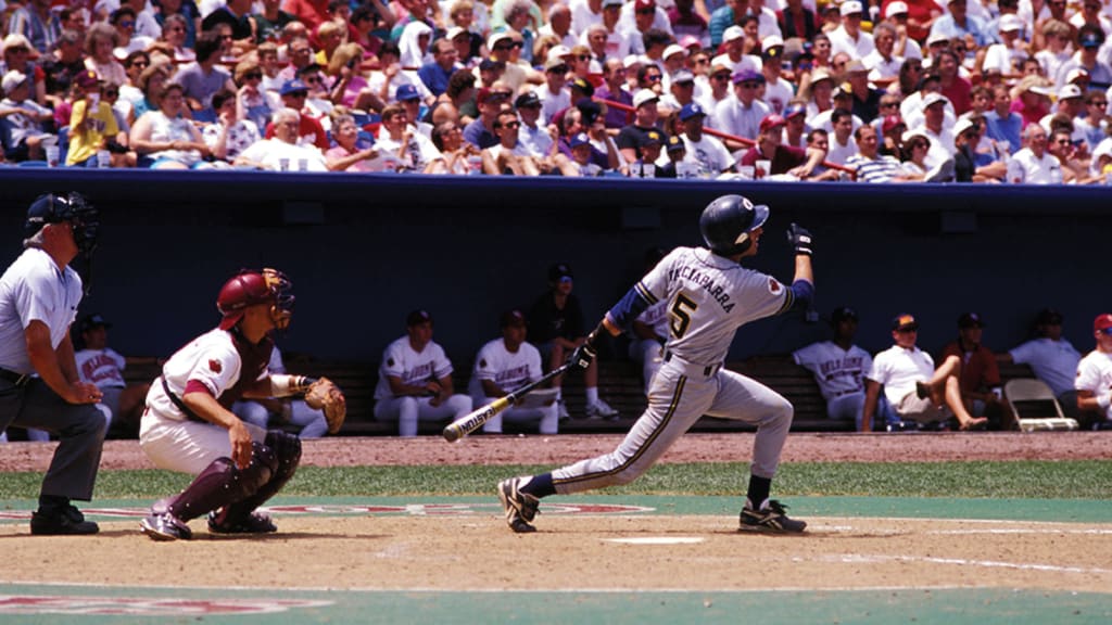 National College Baseball Hall of Famer Nomar Garciaparra used an Easton bat while playing for Georgia Tech in the College World Series. This model of metal bat featured a 2?-inch barrel and was constructed of a new alloy, EA70, which was one of the top alloys of the time, according to Popular Science magazine. (Photo courtesy of Georgia Tech Athletics.)