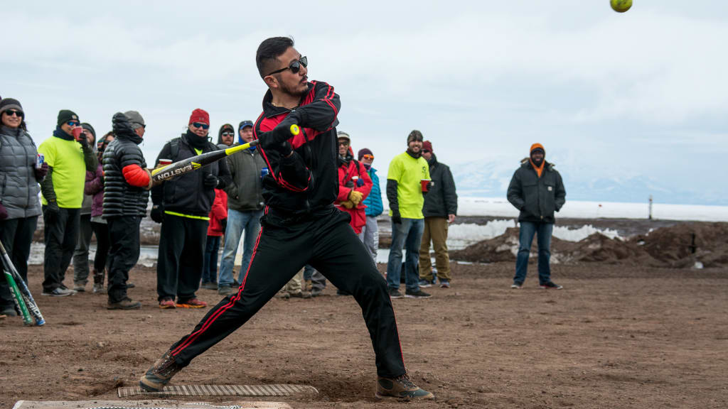 Ioffe Lee at bat in the McMurdo Station softball tournament in January 2019. (Mike Lucibella/National Science Foundation)