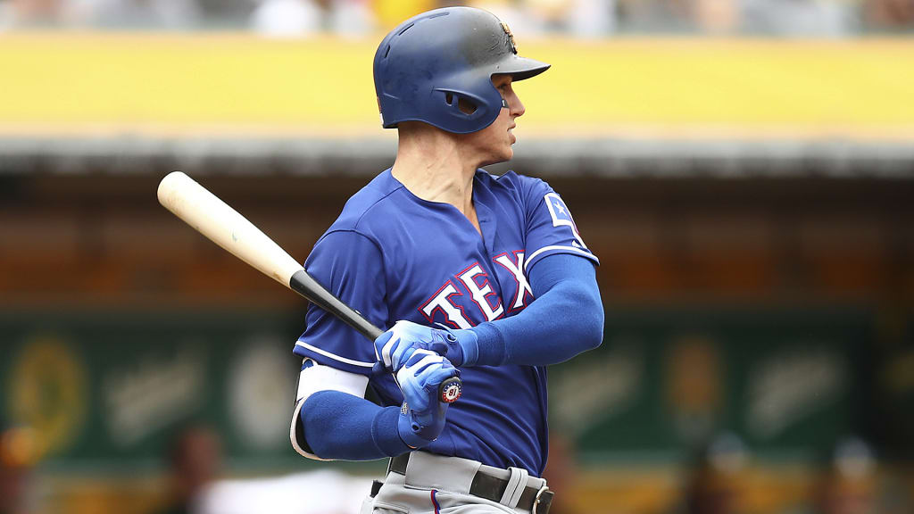 Texas Rangers' Drew Robinson hits an RBI-single off Oakland Athletics' Daniel Mengden during the second inning of a baseball game Thursday, April 5, 2018, in Oakland, Calif. (AP Photo/Ben Margot)