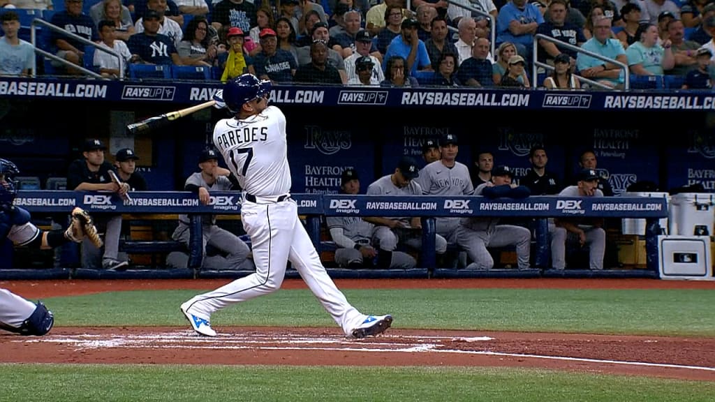 WASHINGTON, DC - APRIL 03: Tampa Bay Rays third baseman Isaac Paredes (17)  celebrates after hitting a home run during the Tampa Bay Rays versus  Washington Nationals MLB game at Nationals Park