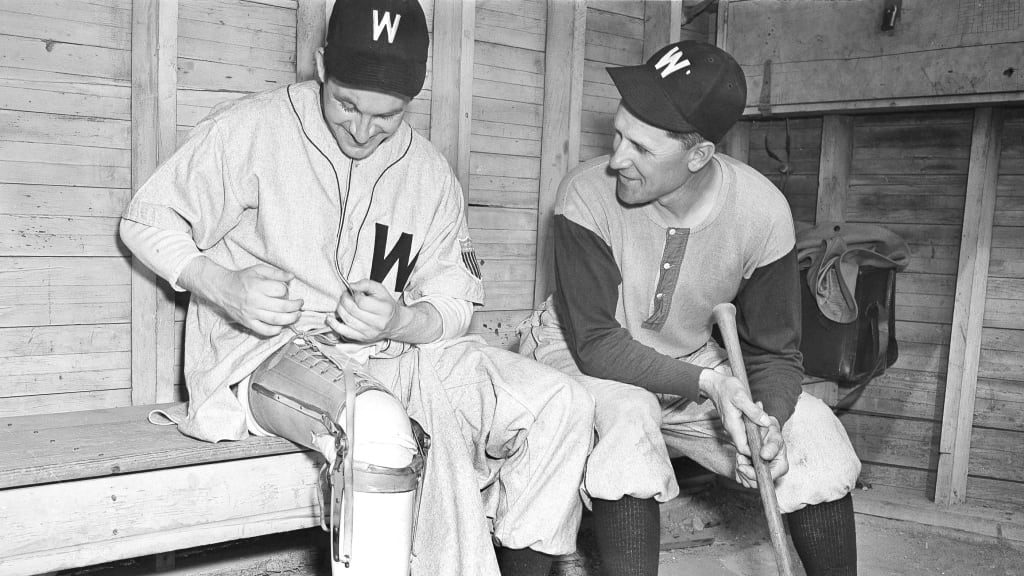 Lieutenant Bert Shepard lost his right leg in combat over Germany in 1944. In 1945, he was in College Park, Md., with the Washington Senators, adjusting his artificial limb before taking the field for practice.