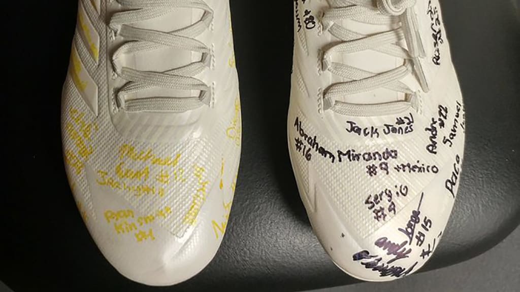 Josh Harrison wore cleats autographed by Little Leaguers for the