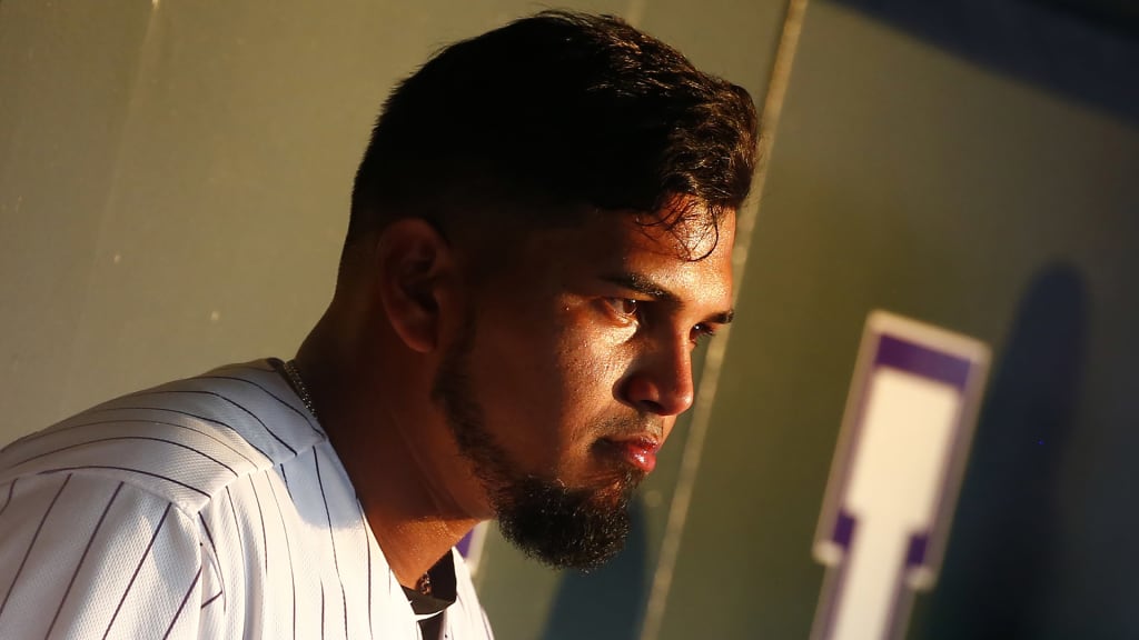 Colorado Rockies starting pitcher German Marquez watches from the dugout during the sixth inning of the team's baseball game against the Pittsburgh Pirates on Saturday, July 22, 2017, in Denver. (AP Photo/Jack Dempsey)