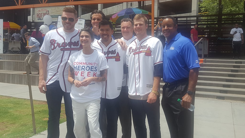 Jen Hidinger from The Giving Kitchen was recognized for her community efforts by the Braves on Monday. (Jaylon Thompson/MLB.com)