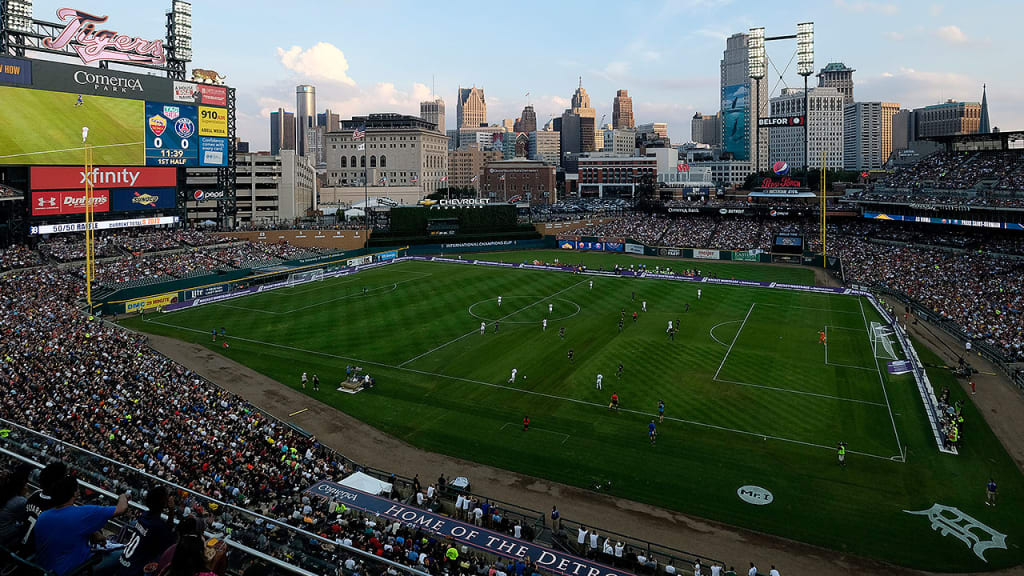 The meeting between Paris Saint-Germain and AS Roma was the first professional soccer match at Comerica Park, which opened in 2000. (AP)