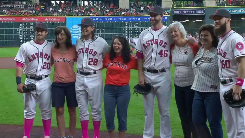 Families of Astros players wear custom dresses made by Woodlands mom