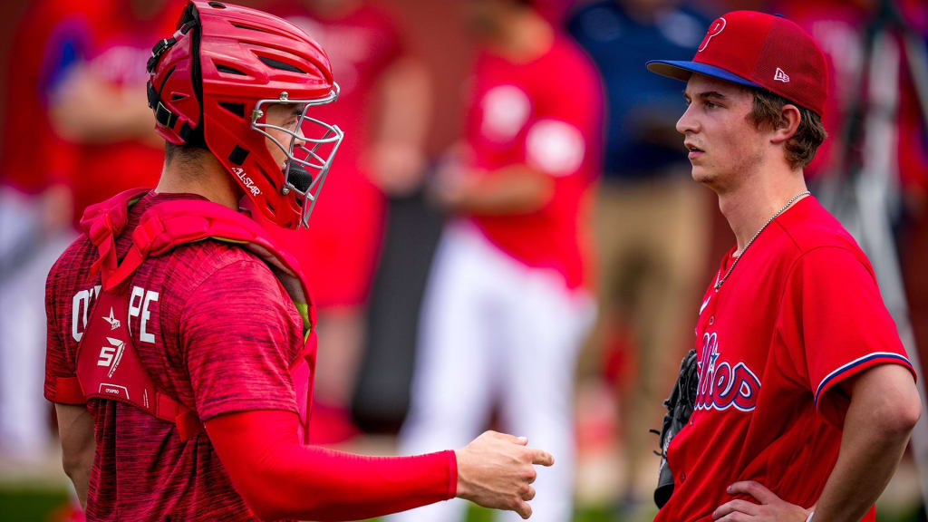 Logan O'Hoppe with the club's No. 1 pitching prospect Mick Abel.