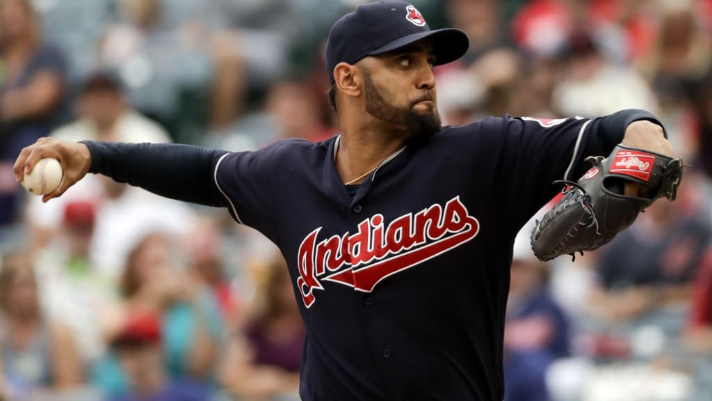 Cleveland Indians starting pitcher Danny Salazar throws against the Los Angeles Angels during the first inning of a baseball game in Anaheim, Calif., Thursday, Sept. 21, 2017. (AP Photo/Chris Carlson)