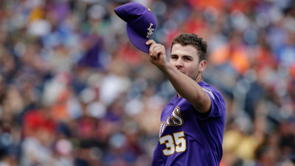 LSU pitcher Alex Lange (35), a Cubs first-round pick 11 days ago, gestures as he leaves the game Friday during the eighth inning of an NCAA College World Series baseball game against Oregon State in Omaha, Neb. (AP)