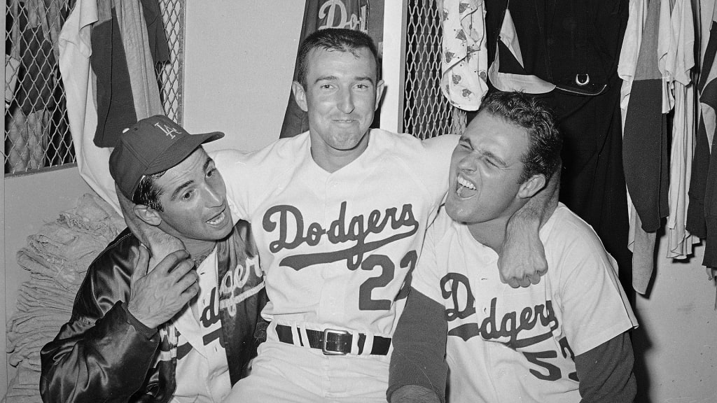 Claude Osteen (center) with Sandy Koufax (left) and Don Drysdale after Osteen was the winning pitcher in Game 1 of the 1965 World Series.