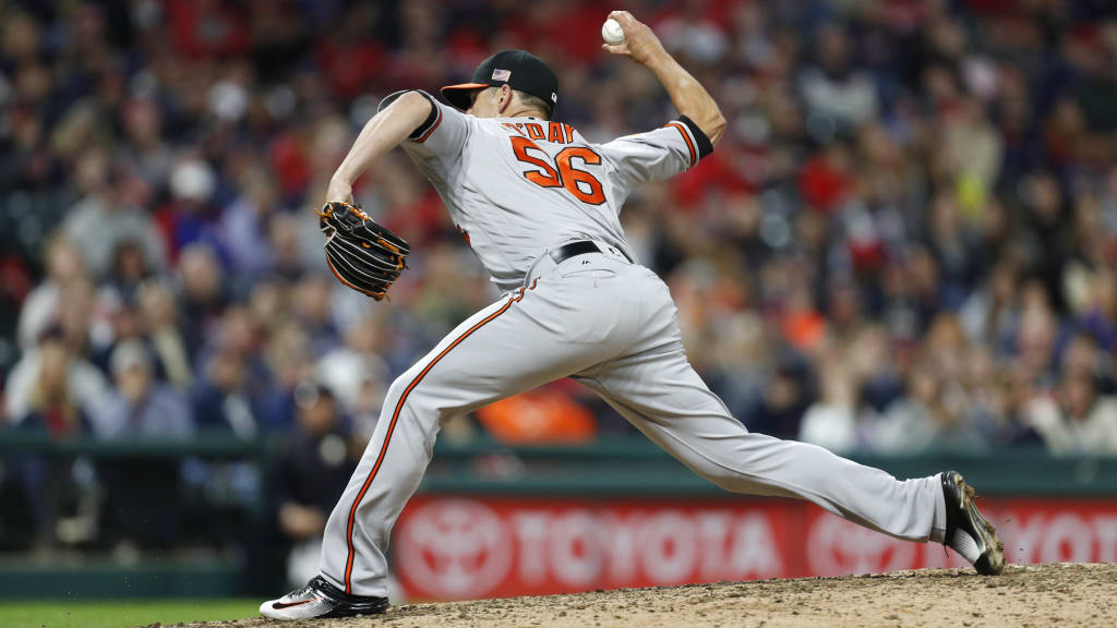 CLEVELAND, OH - SEPTEMBER 10: Darren O'Day #56 of the Baltimore Orioles pitches against the Cleveland Indians in the seventh inning at Progressive Field on September 10, 2017 in Cleveland, Ohio. The Indians defeated the Orioles 3-2, (Photo by David Maxwell/Getty Images)