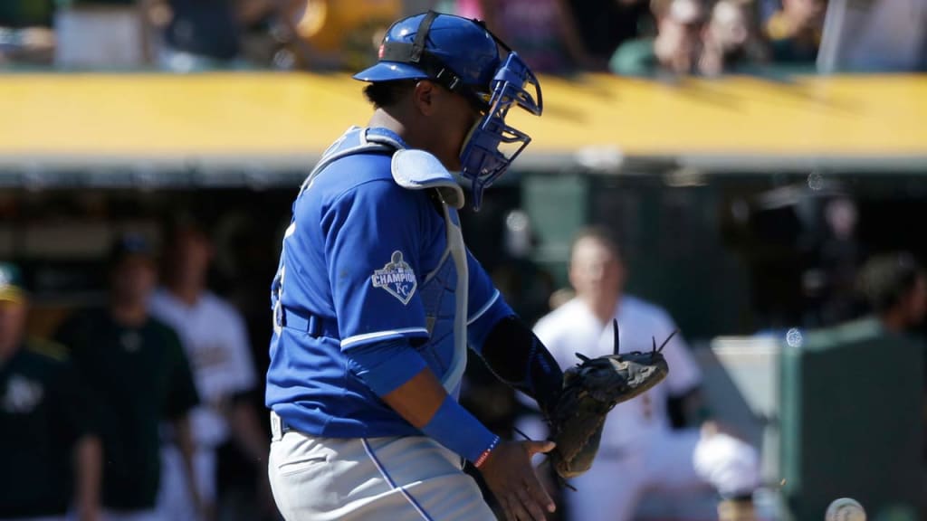 Salvador Perez made a rare mistake on a passed ball in the fourth inning. (AP)