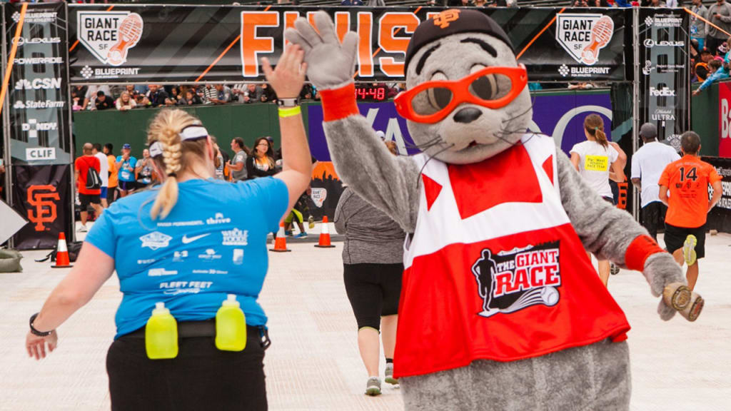 Giants mascot Lou Seal greets finishers arriving at At&T Park. (Special to MLB.com)