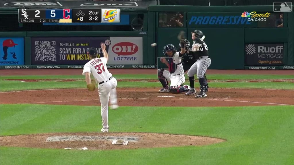 Chicago White Sox' Gavin Sheets, foreground, and Andrew Vaughn, rear, walk  to the dugout after scoring on a double by Romy Gonzalez during the fourth  inning of a baseball game in Cleveland