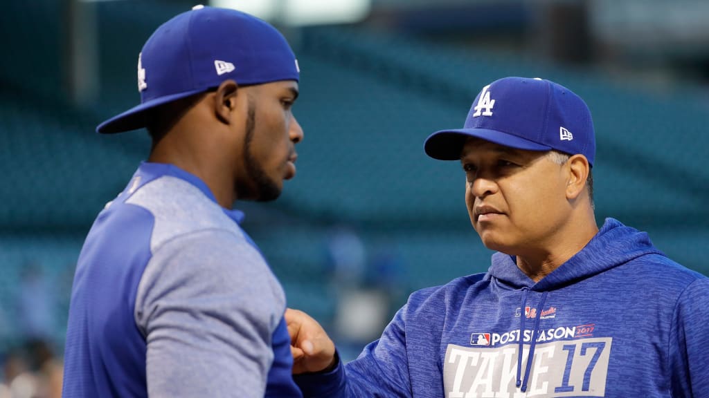 Manager Dave Roberts takes questions before the Dodgers take on the Cubs in Game 4 of the NLCS.
