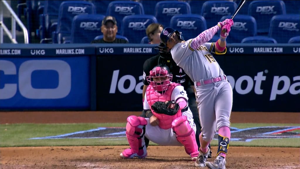 Milwaukee, WI, USA. 16th Apr, 2021. Milwaukee Brewers right fielder Tyrone  Taylor #42 looks toward the Brewers bench after hitting a run scoring  double in the 5th inning of the Major League