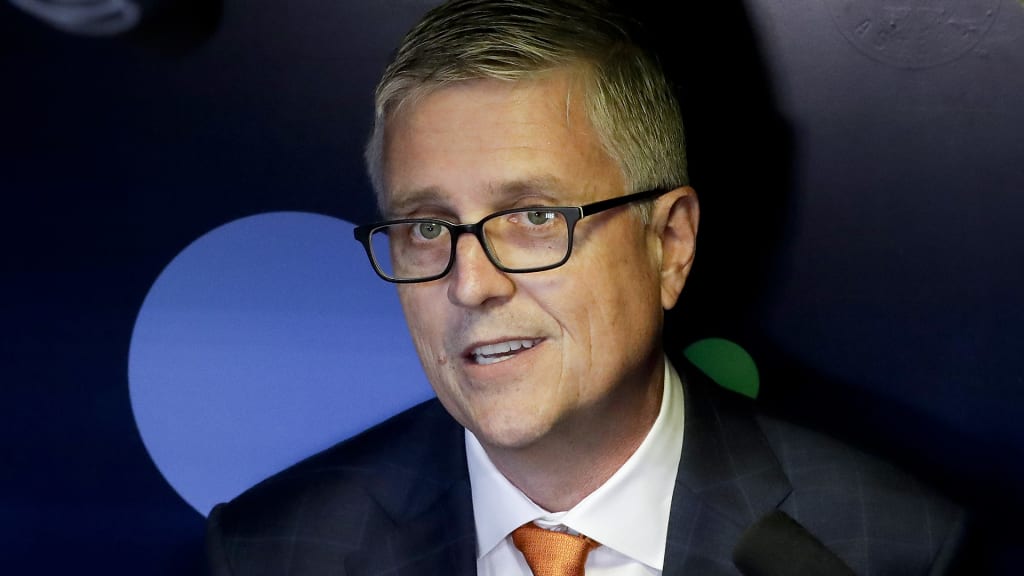 Houston Astros general manager, Jeff Luhnow speaks during a news conference before Game 4 of a baseball American League Championship Series against the Boston Red Sox on Wednesday, Oct. 17, 2018, in Houston. (AP Photo/Frank Franklin II)