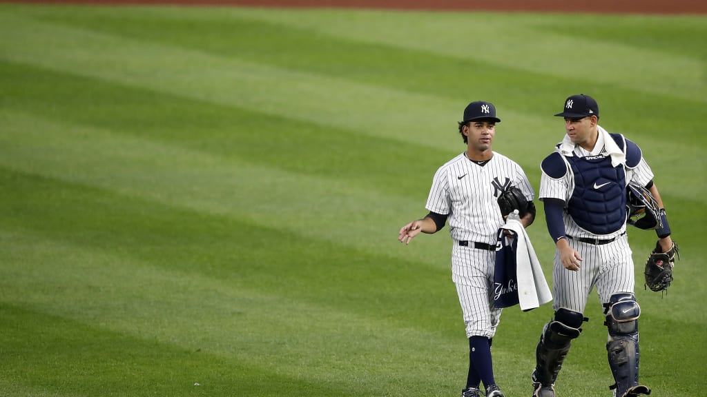 Fellow Dominican Republic native Gary Sánchez was wowed by García’s poise on the mound. “He’s out there with a lot of confidence,” Sánchez said. “He’s fearless. It feels like he’s been in the league for years.” (Credit: New York Yankees)